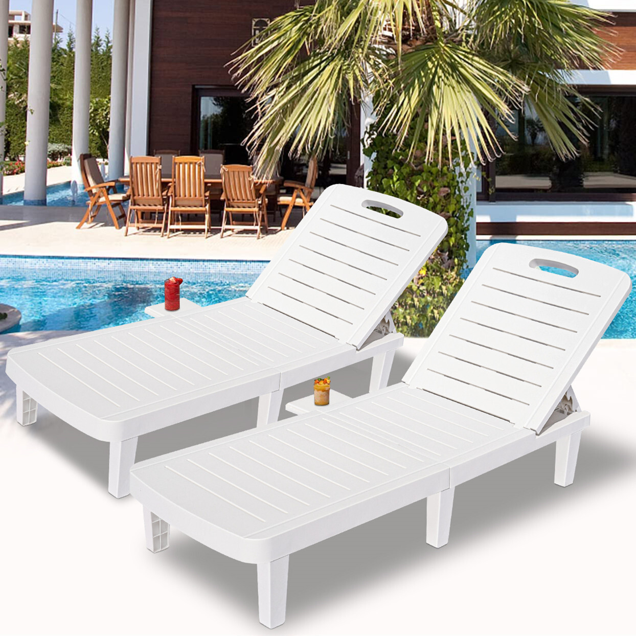 2 Piece Chaise Lounge Chairs, Patio Furniture Patio Chaise Lounge Chair with Adjustable Backrest and Retractable Tray, Plastic Reclining Lounge Chair for Beach, Backyard, Garden, Poolside, L4552 - image 1 of 10