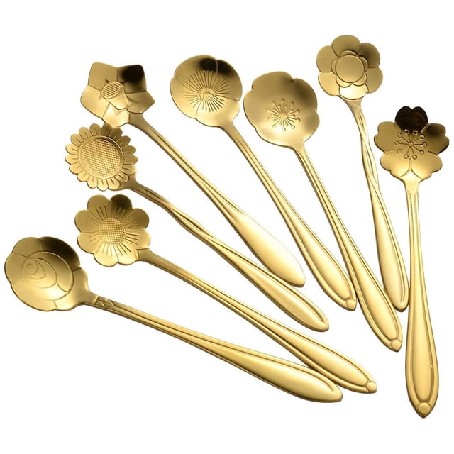 Juego de cucharas de flores de 8 piezas, cucharas de té reutilizables de acero inoxidable Cuchara agitadora Cuchara de café Cuchara mezcladora Vajilla para fiesta de té Longitud: 4.9 pulgadas Oro Jormftte HMHZ1068-1