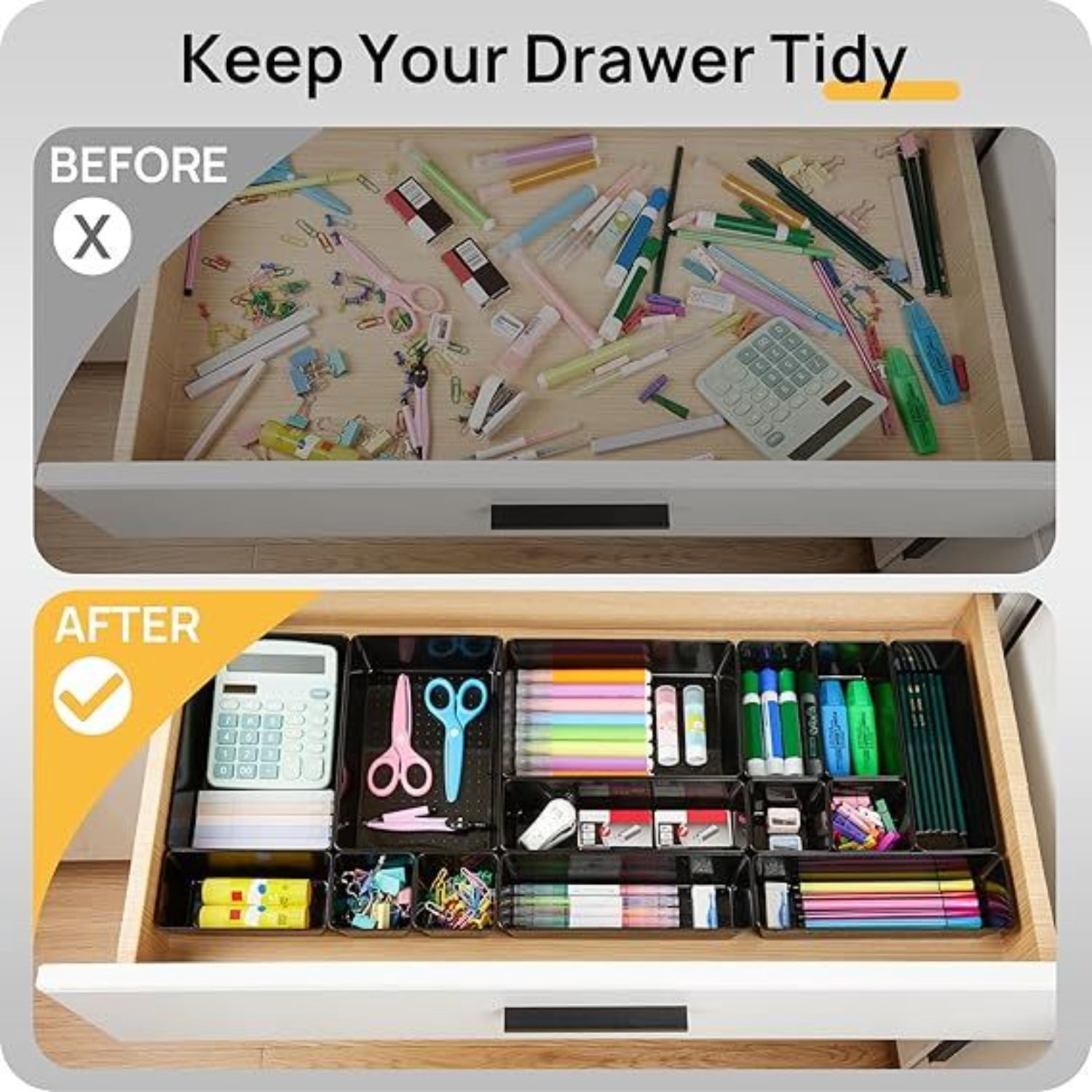 25 PCS Office Desk Drawer Organizers Set 4-Size Versatile Plastic Drawer Organizer Trays Storage Bins for Desk Accessories Office Organizers and Storage Bathroom Makeup Vanity Black