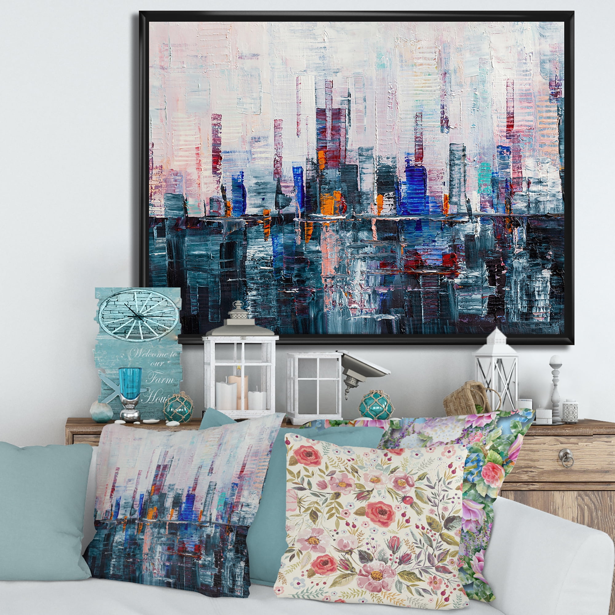 Designart 'Modern Abstract City Skyscrapers' Modern Framed Canvas Wall Art Print