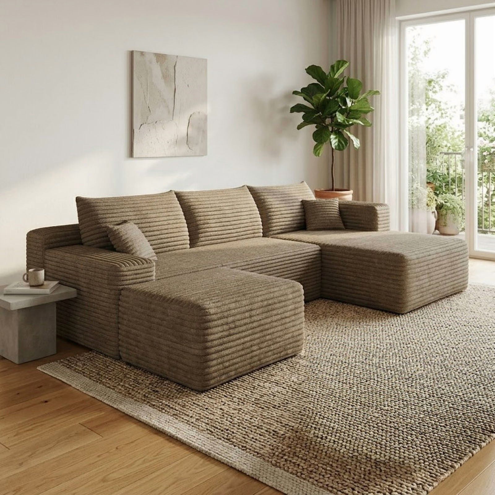 103" U Shaped Cloud Sectional Sofa with Ottoman, Modern Modular Corduroy Fabric Couch with Deep Seat and Chaise, Minimalist Upholstered Corner Sofa for Living Room, Apartment, No Assembly Required