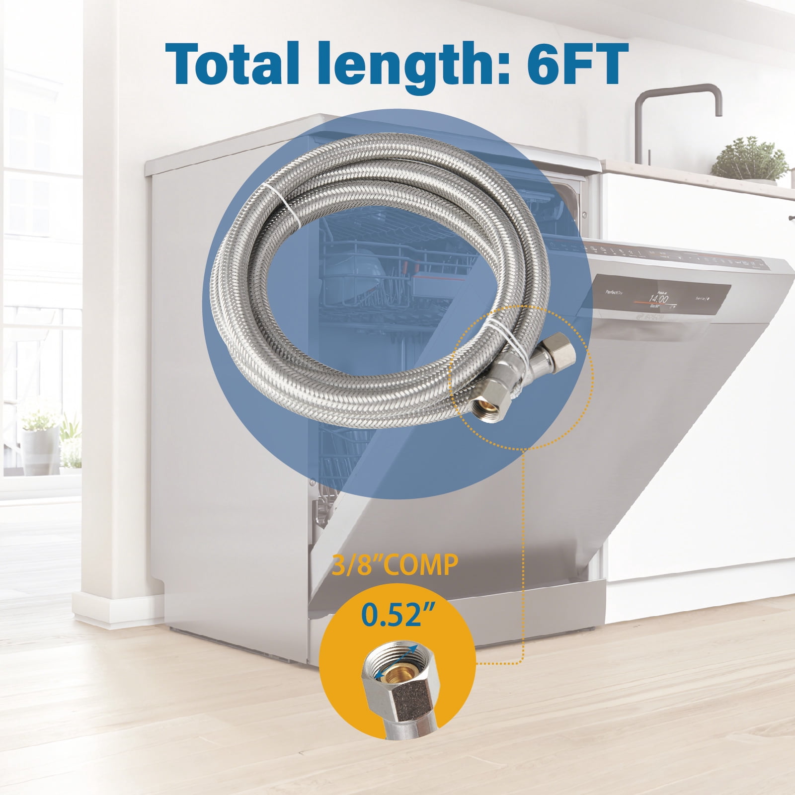 6Ft Stainless Steel Dishwasher Water Supply Line, F 3/8 C x F 3/8 C Brass Nut, Flexible Washer Supply Hose, Universal Fit, Leak-Proof
