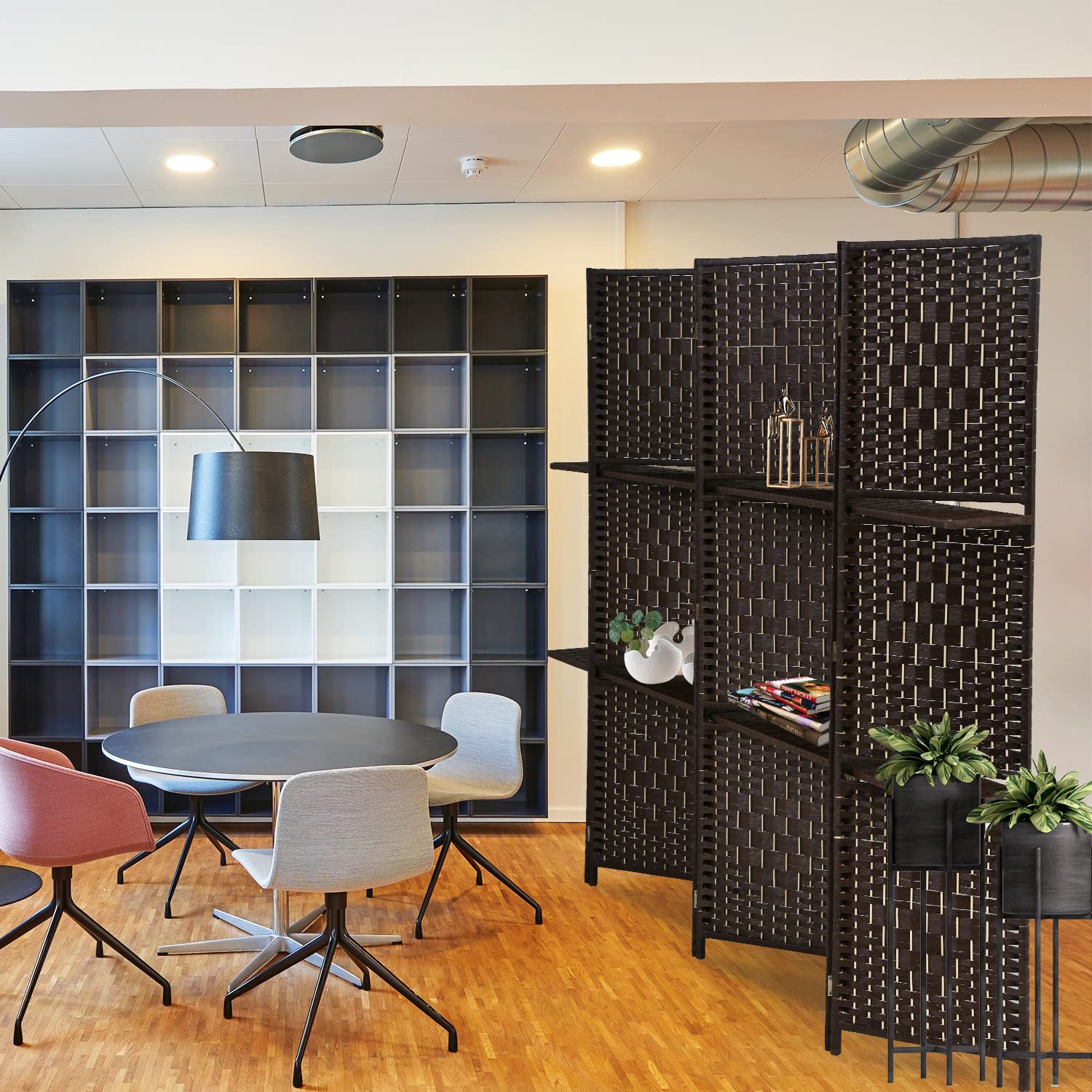 YRLLENSDAN 6 Panel Folding Room Divider with Storage Shelves, Tall Wall Partition, Freestanding Indoor Privacy Screen, Black