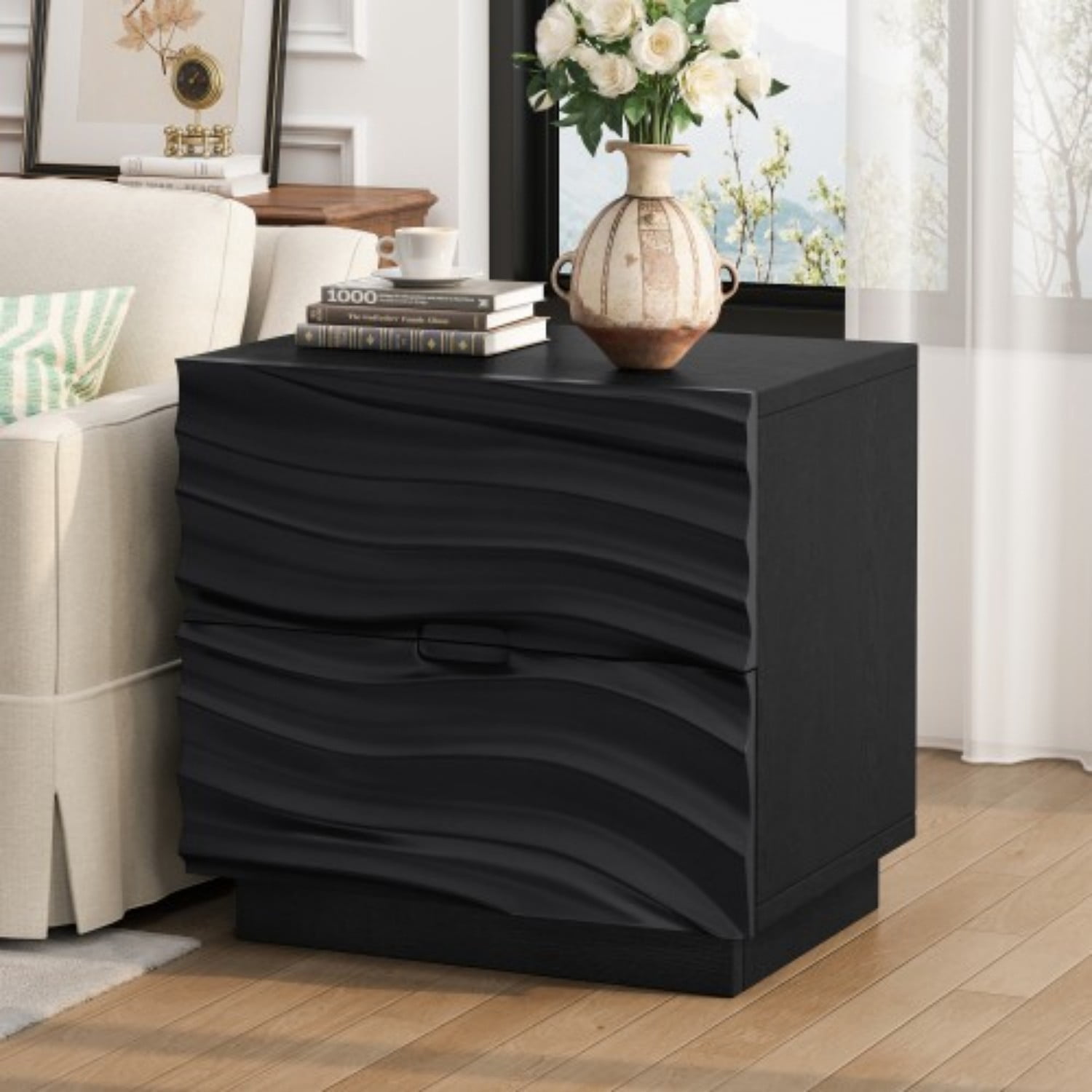 Solid Wood Nightstand with 2 Drawers, Modern Black Bedside Table with Handle-Free Curved Drawer Design, Wooden End Table for Bedroom, Living Room, Black