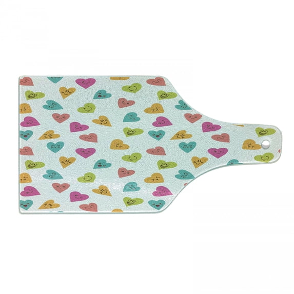 Hearts Cutting Board, Variety of Colorful Heart with Smiling Faces and Funny Facial Expression Print, Decorative Tempered Glass Cutting and Serving Board, Wine Bottle Shape, Multicolor, by Ambesonne