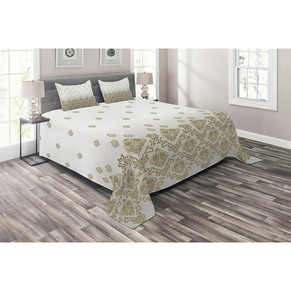 Ambesonne Victorian Quilted Coverlet 3 Pcs, Vintage Romantic Art, King Size, Brown Grey White