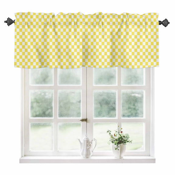 Yellow White Plaid Kitchen Valances for Windows 60x18 Inch Kitchen Curtains Valances Rod Pocket Modern Retro Geometric Checkered Bathroom Window Valances for Window Treatment Decor