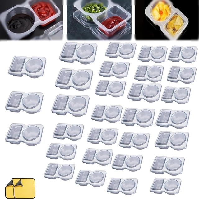 Reusable on the Go Snack Containers, Double Compartment Condiment Container with Lids, Nut Snack Pack Containers, for To-Go Sauce, Sampling, Travel Snack(30pc)