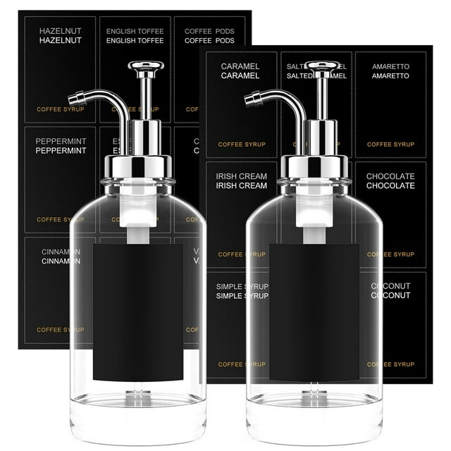 DEBGFS 2 Pcs Coffee Syrup Dispenser Set with 18 Labels 16.9 oz 500 ml Coffee Syrup Container Minimalist Clear Glass Syrup Bottle Reusable Syrup Dispenser Bottle Portable Coffee Pump Dispenser fo