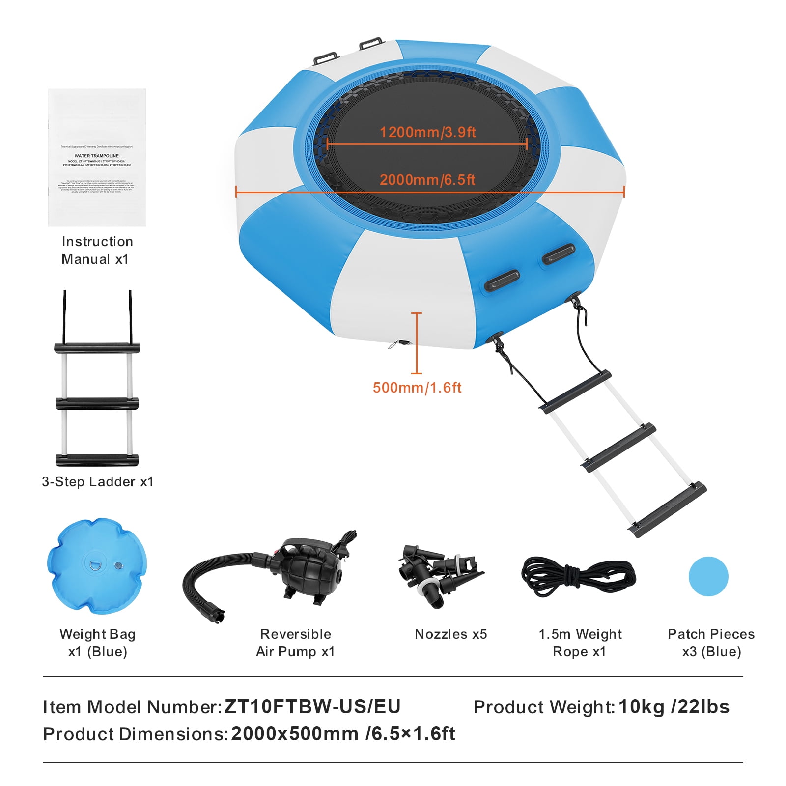 KFFKFF 6.5ft Inflatable Water Trampoline Swim Platform Bounce for Pool Lake Toy