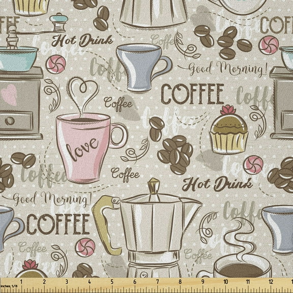 Ambesonne Vintage Fabric by the Yard Microfiber, Coffee Espresso Machine, 10 Yards, Pale Pink Beige