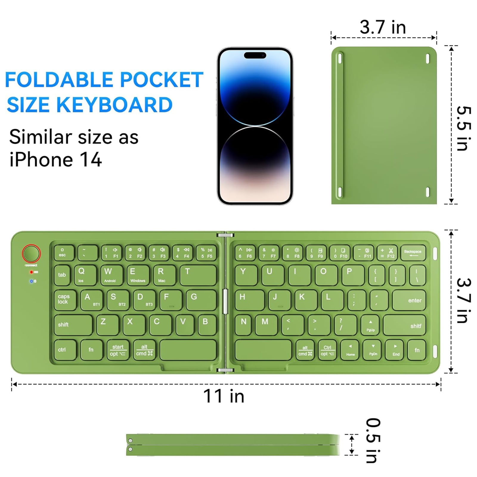RONY Foldable Wireless Bluetooth Keyboard: Portable Folding Travel Keyboard for iPhone iPad Mac Android Windows iOS (Green)