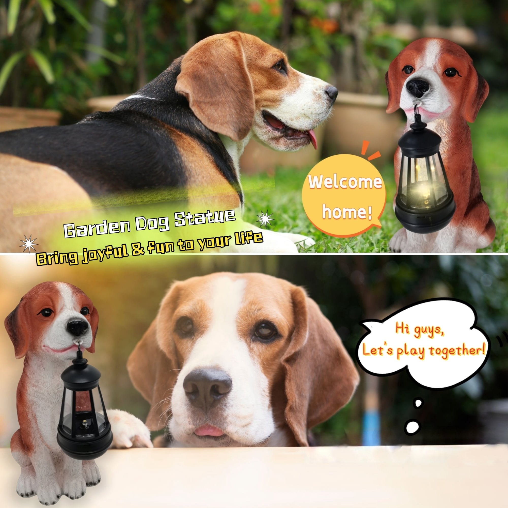 Resin Outdoor Decor Dog Statue Garden Puppy Beagle Figurine, Solar Animal Sculpture Light for Pet Lovers