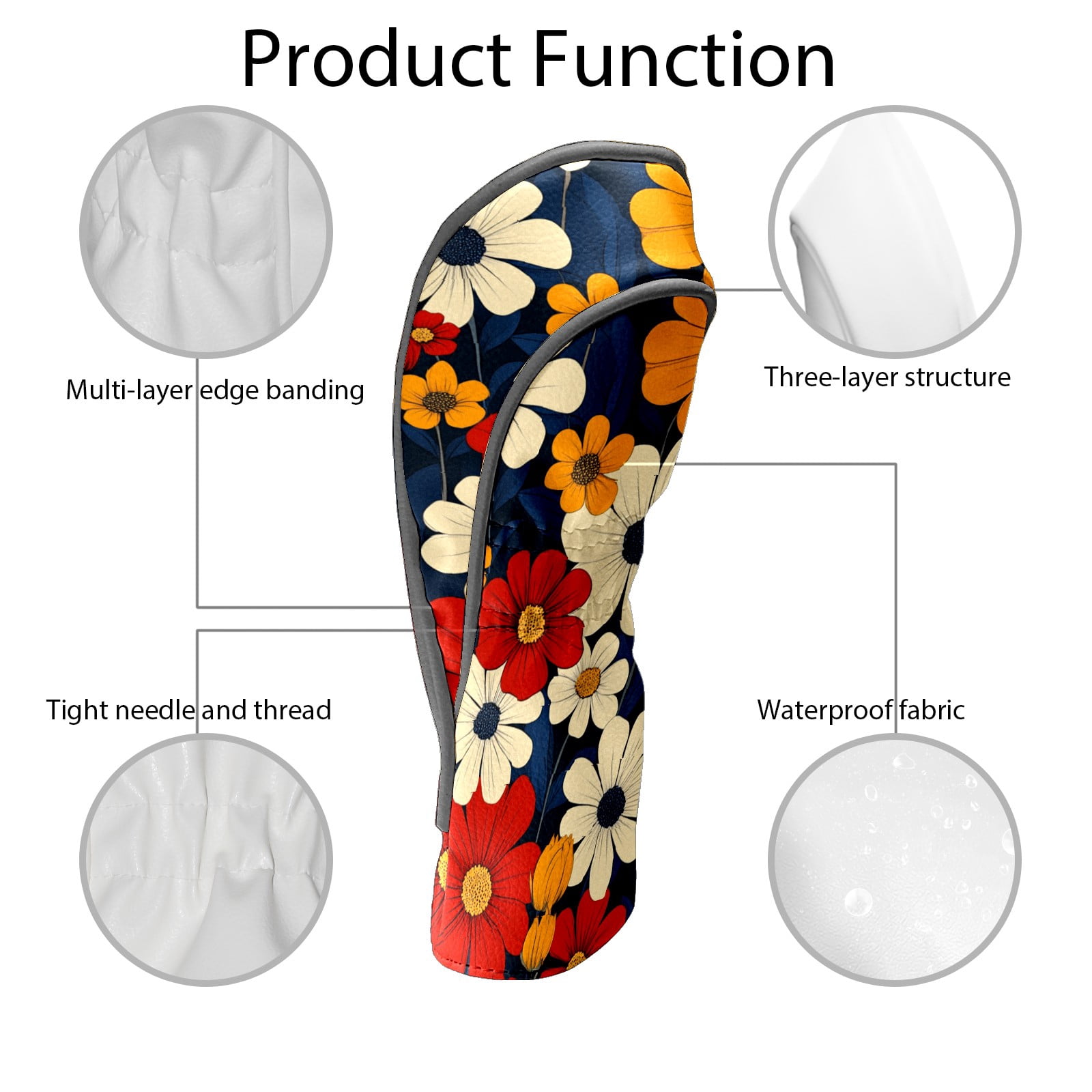 Golf Club Covers PU Leather Waterproof Head Covers for Fairway Woods Hybrids Colorful Flower Pattern