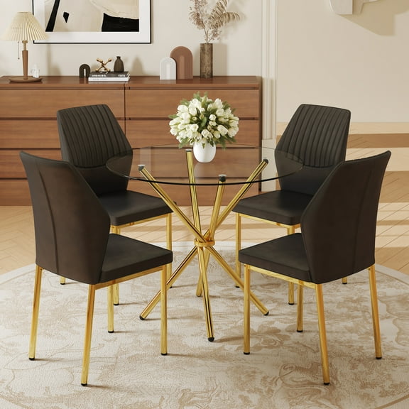 4-Piece Dining Set with 36.6'' Round Tempered Glass Table & Black-Gold Chairs - Modern Luxe Style for Living Room & Kitchen.Suitable for various interior decoration styles.