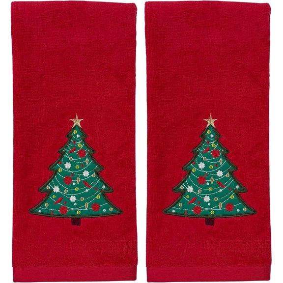 Serafina Home Merry Christmas Tree On A Red Hand Towel, Set or Two, 25" x 16" Inches