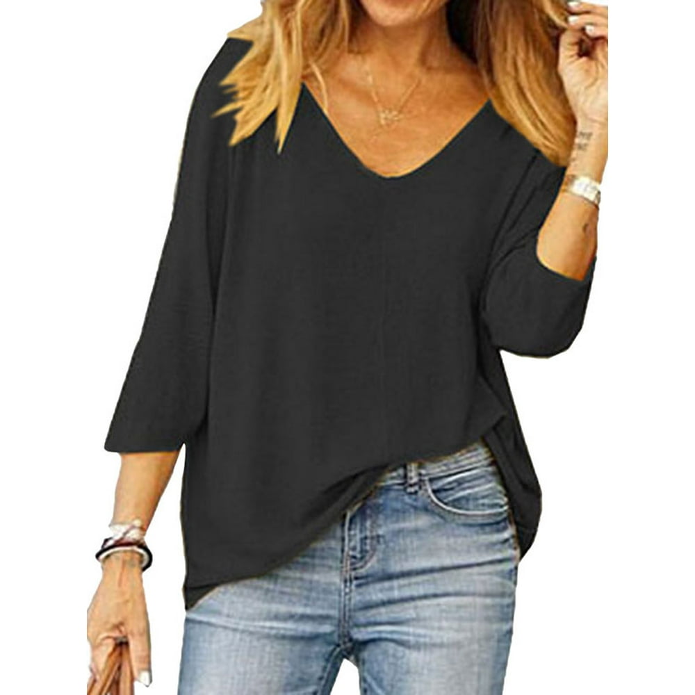 Nlife - Women Round Neck 3/4 Sleeve Solid Color Tunic Top - Walmart.com ...