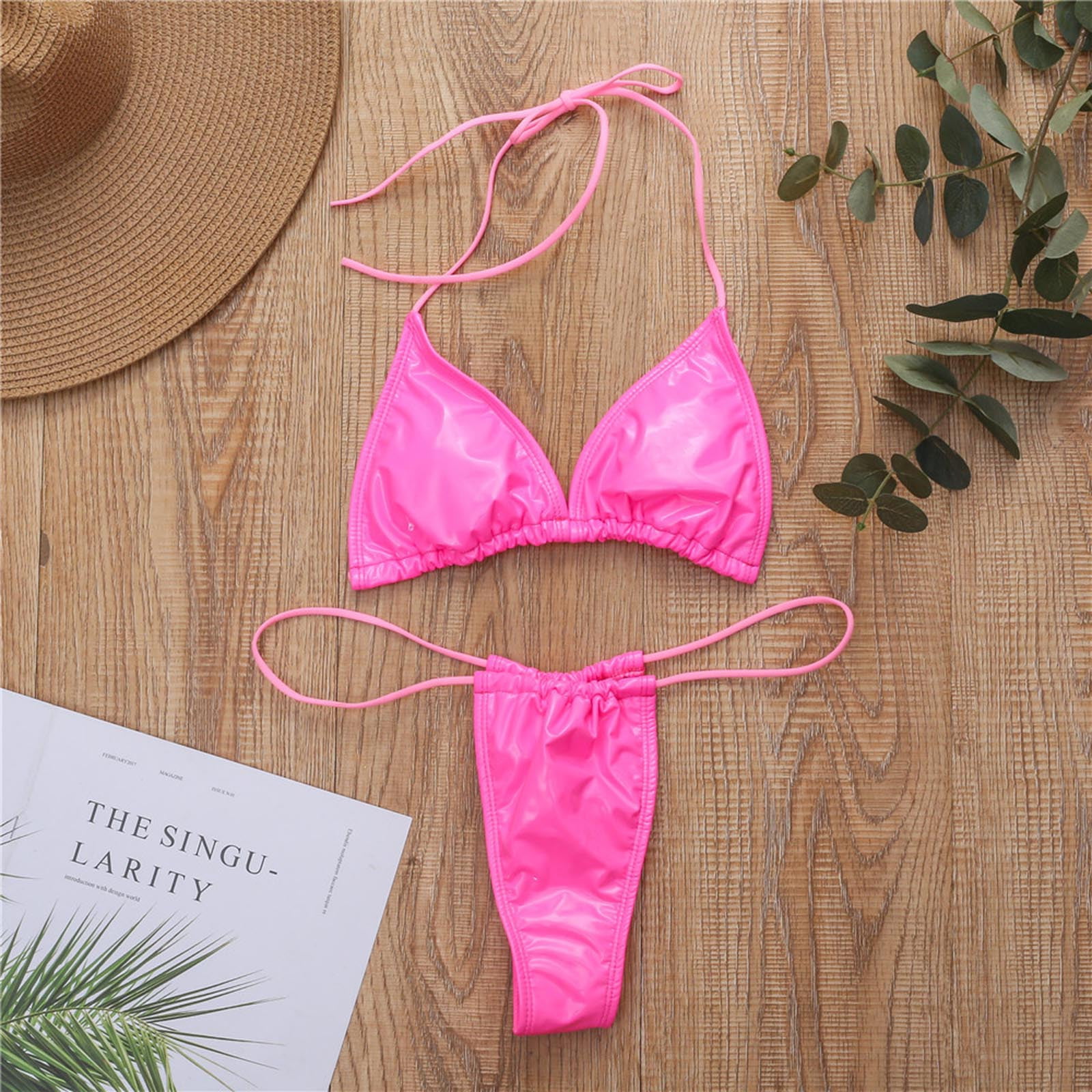 ZQGJB Thong Bikini Clear Straps Cheeky Brazilian G-String Micro Thongs  Bikinis Swimsuit for Women Sexy No Tan Line Bathing Suit(Pink,L)