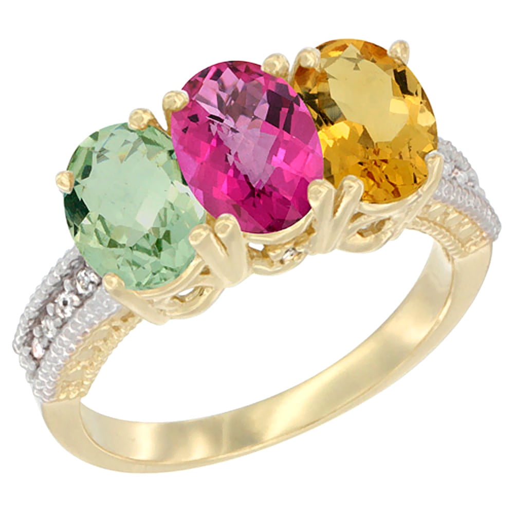 10K Yellow Gold Diamond Natural Green Amethyst, Pink Topaz & Citrine Ring Oval 3-Stone 7x5 mm,sizes 5-10 by WorldJewels