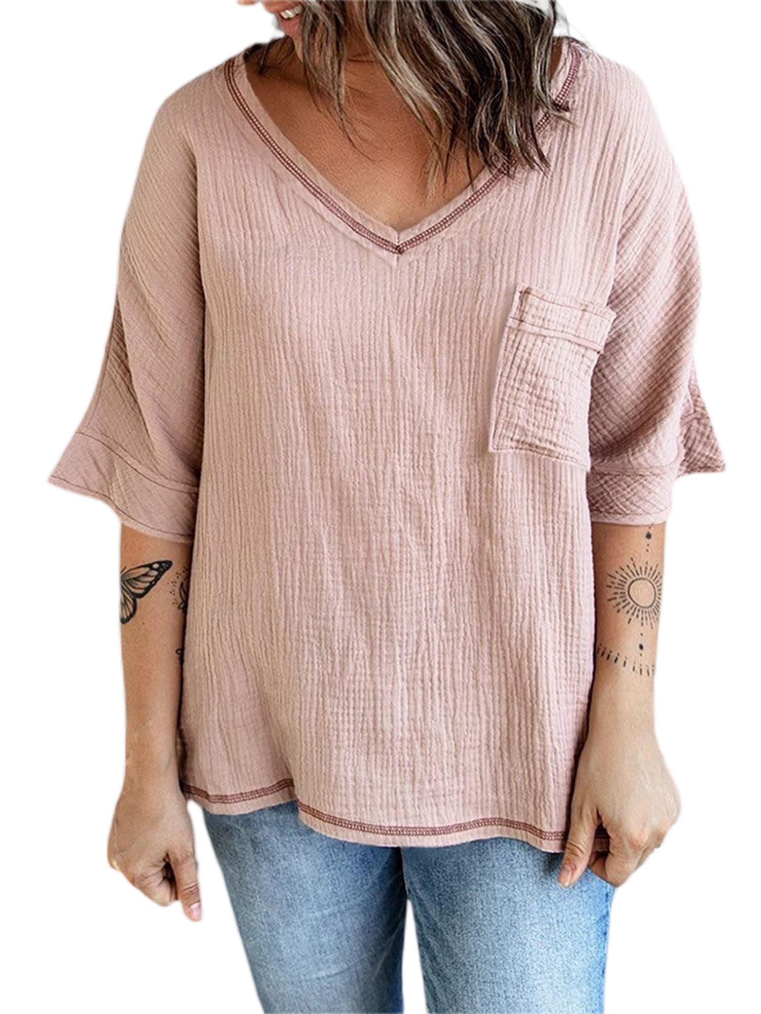 Women's Linen Shirts 3/4 Ruffle Sleeve Loose Breathable Tunic Blouses Casual V Neck Summer Tops