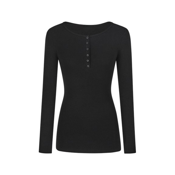 BUYISI Basic Simple Womens Round neck Long sleeves T-shirt Slim fit Base shirt Top Black S