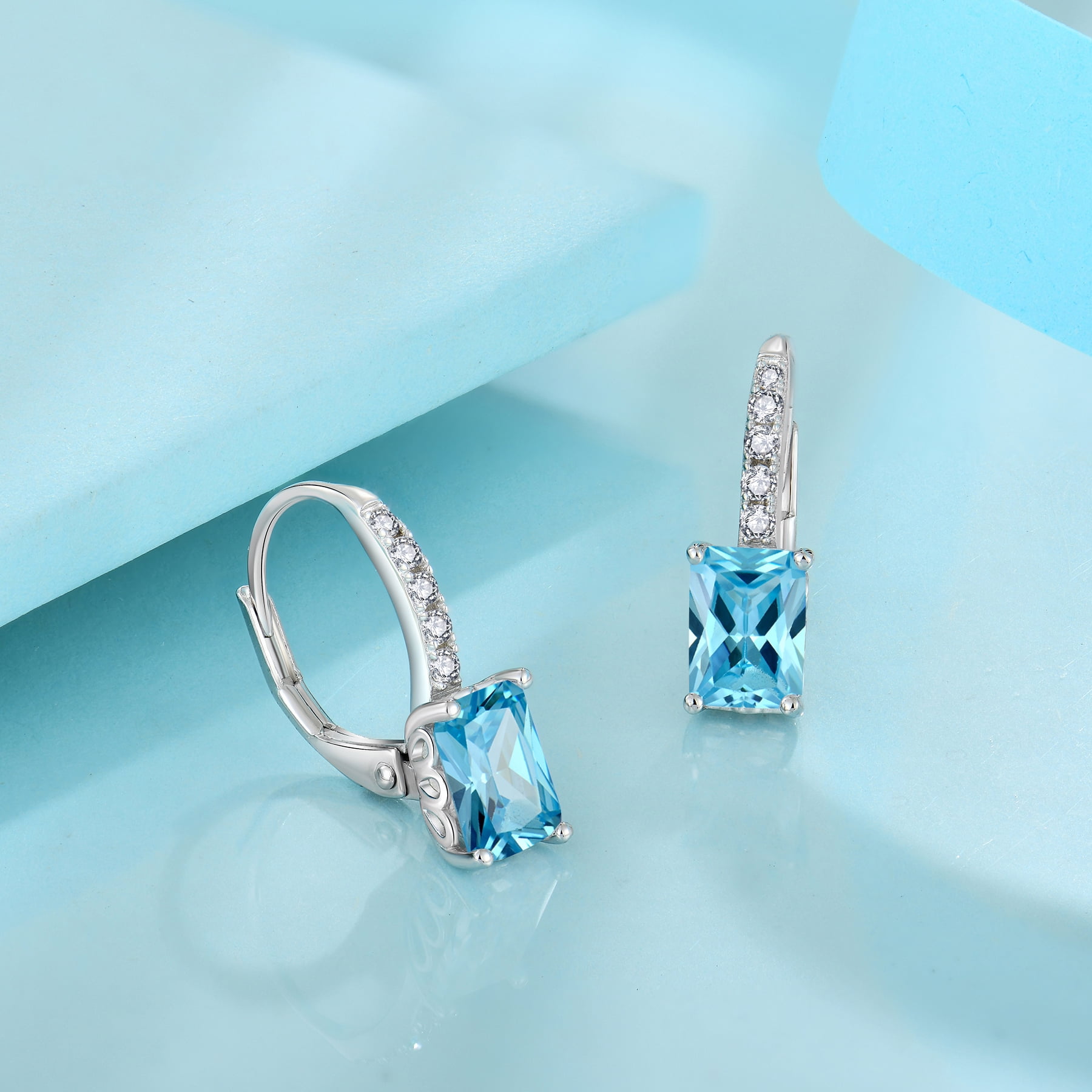 FJ Princess Cut Dangle Drop Earrings 925 Sterling Silver Square Leverback Earrings March Birthstone Aquamarine Jewelry Gifts for Women