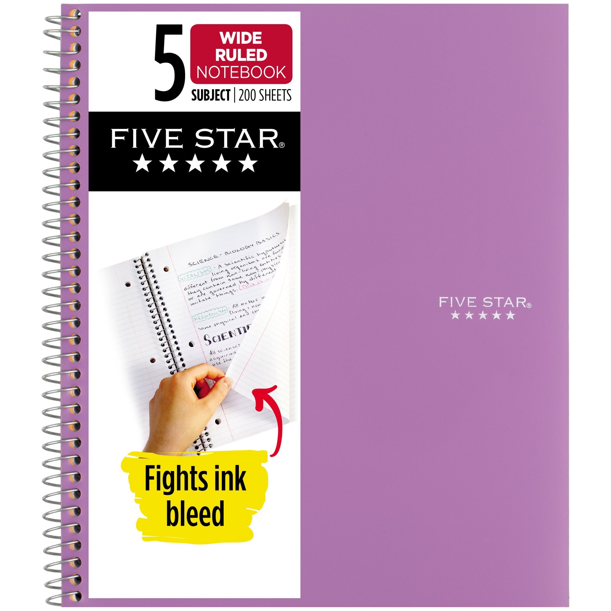 (4 pack) Five Star Spiral Notebook + Study App, 5 Subject, Wide Ruled, 8" x 10.5", Amethyst