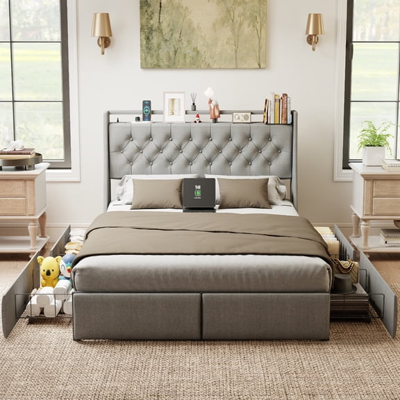 AENKYO Upholstery Queen Size Bed Frame with 4 Underbed Drawers, LED Storage Headboard, Charging Station, Gray