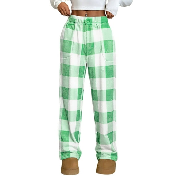 WTOBBY Women's Plush Sleep Pants with Plaid Design, Soft Elastic Waist Pajama Bottoms with Two Pockets, Comfortable Pajama Pants for Women, Ideal for Home Wear and Cozy Nights,Green L