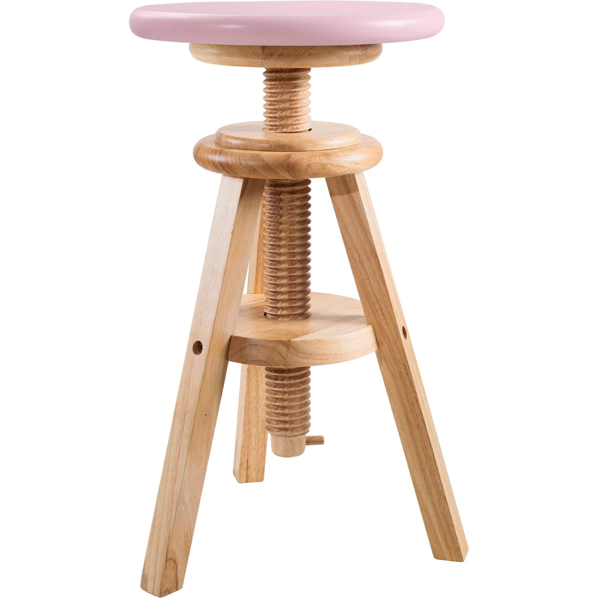 eHemco Swivel Solid Wood Adjustable Bar Stool, 18.9 to 25.2 Inches, Natural Base with Pink Top