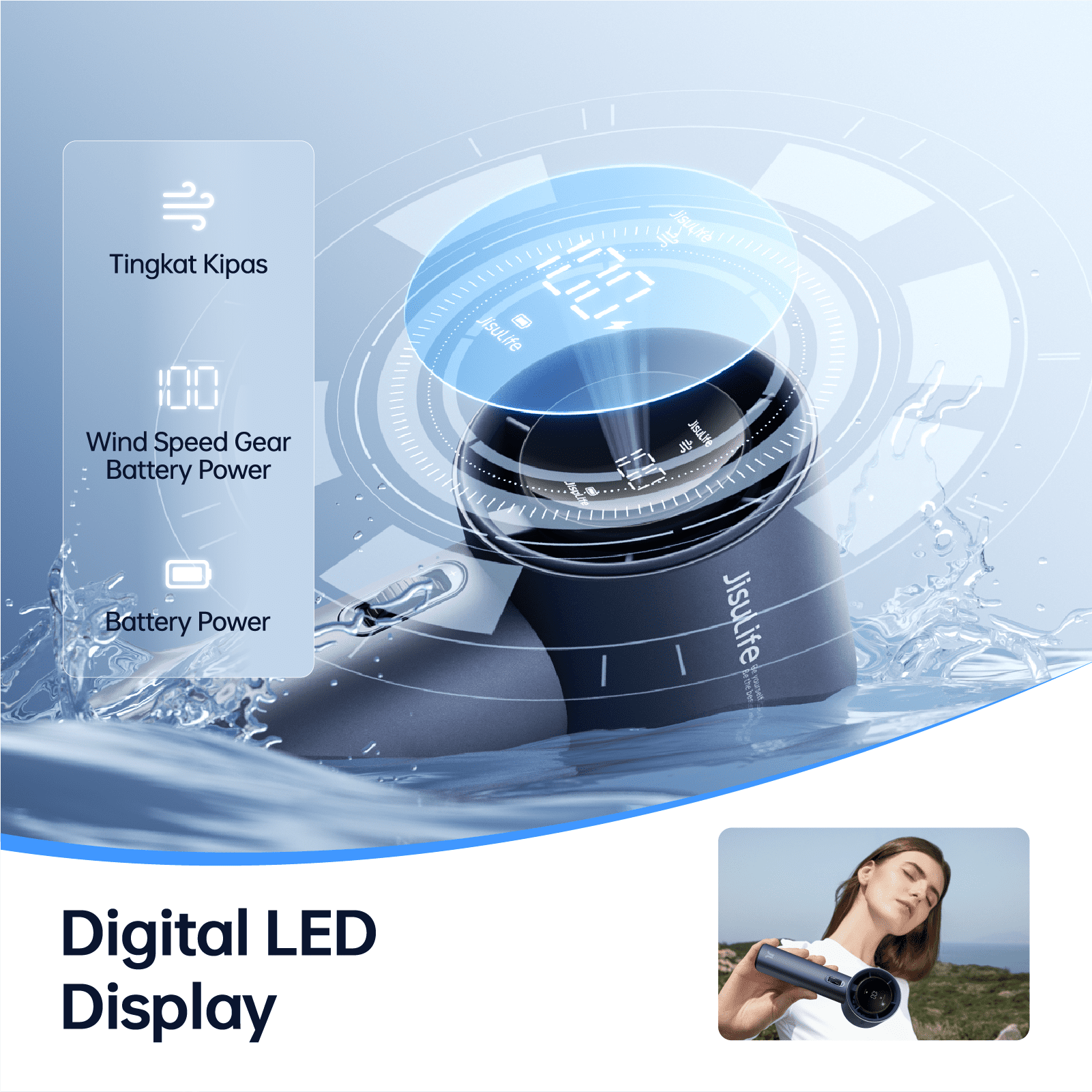 JISULIFE Portable Handheld Fan, Turbo Power High Speed Air [12Hrs Cooling], 100 Speeds, 3600mAh USB Rechargeable Mini Personal Fan, Digital Display, Gift for Travel/Outdoor -Blue