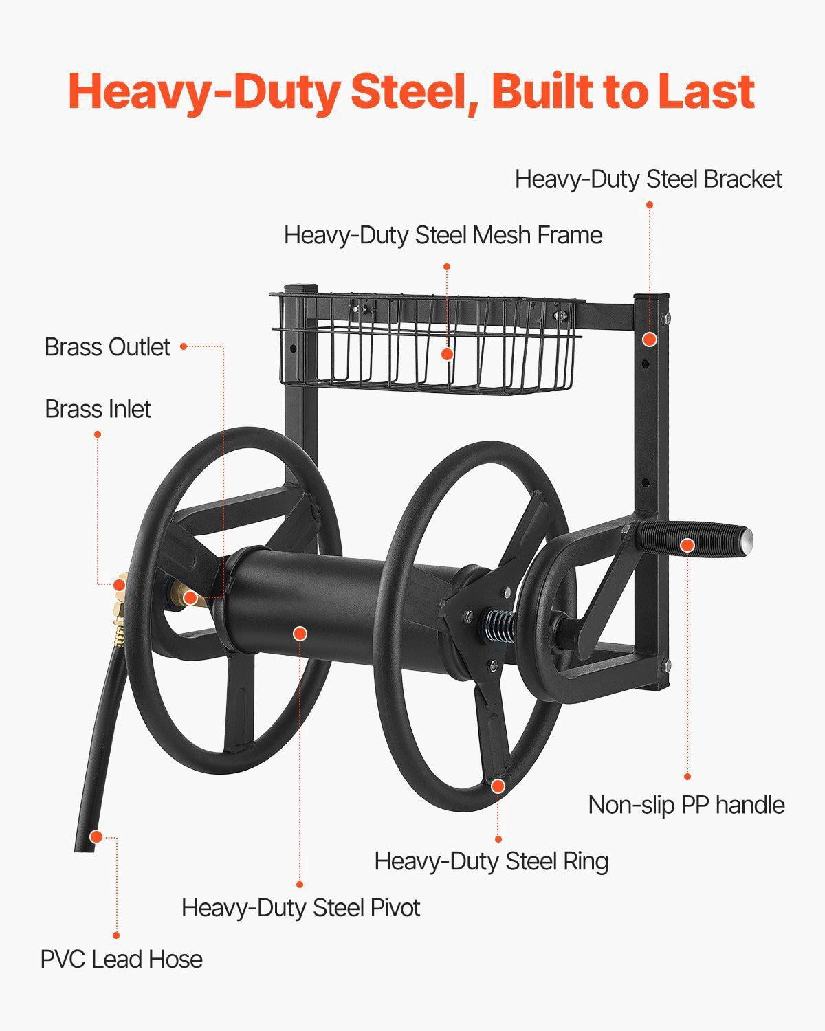 Wall-Mounted Heavy Duty Manual Garden Hose Reel – 125 ft Capacity for 5/8" Hose, Brass Fitting, Storage Basket, Space-Saving for Lawn & Yard