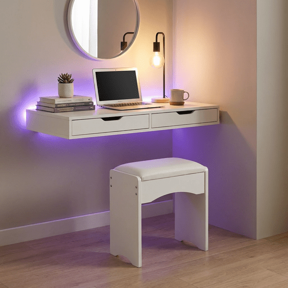 White Vanity Stool with Padded Seat, Upholstered Makeup Seat for Dressing Table, Compact Vanity Chair for Bedroom, Bathroom & Vanity Desk