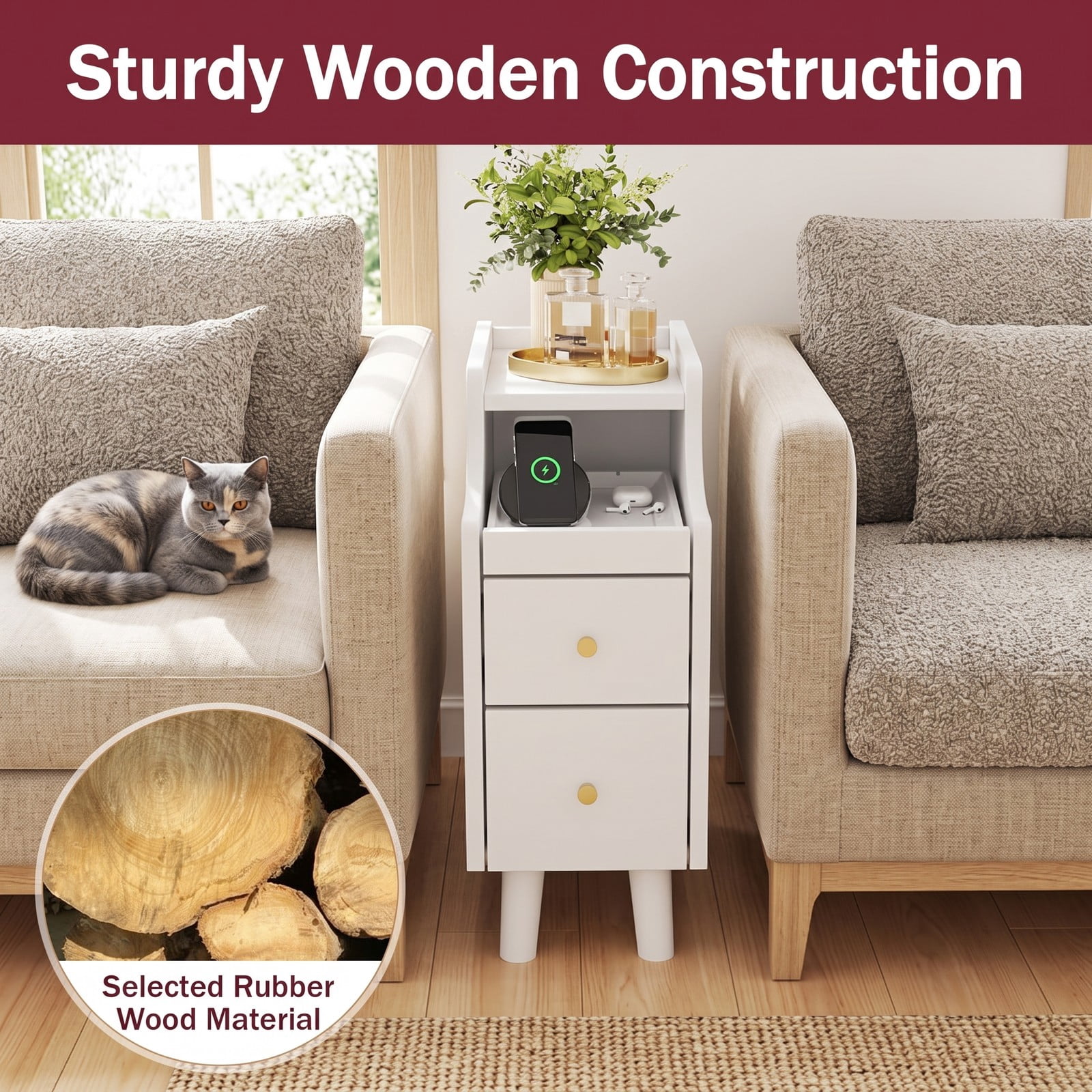 Furnibear Set of 2 Solid Rubber Wood Nightstands with Pull-out Tray and 2 Storage Drawers for Bedroom Living Room and Small Spaces, White