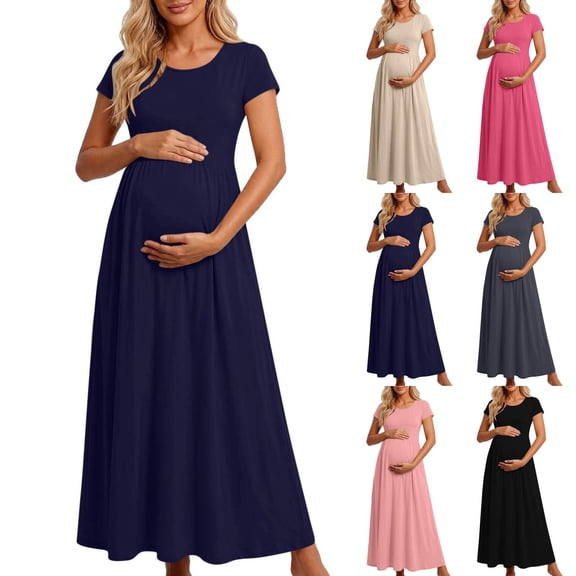 FchengtaiS Maternity Maxi Dress Short Sleeve Crewneck Pregnancy Dresses Summer Casual Loose Maternity Outfits for Baby Shower