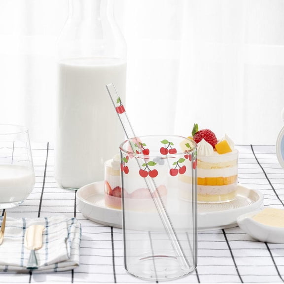 UPOUART 1Set Transparent Glass Cherry Pattern Drinking Cup with Straw for Coffee Tea Juice Bar Use