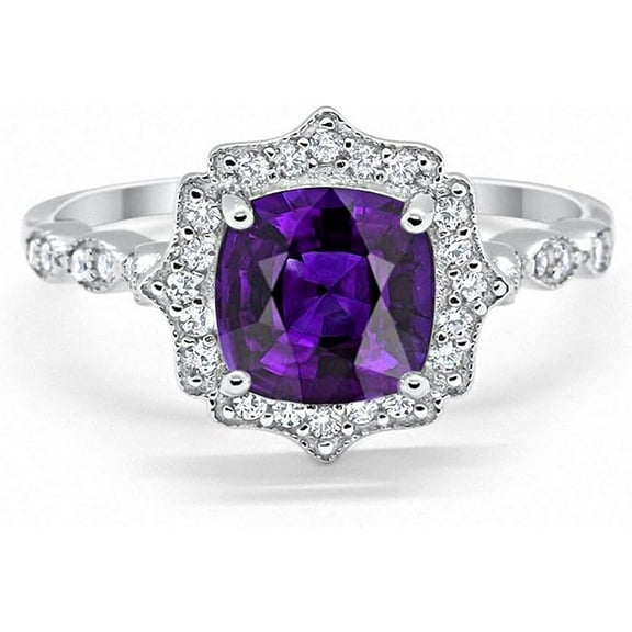 beryl_creation 2.00 Ct Cushion Cut Purple Amethyst Wedding Engagement Halo Ring 14K White Gold Plated 925 Sterling Silver For Women's -8.5