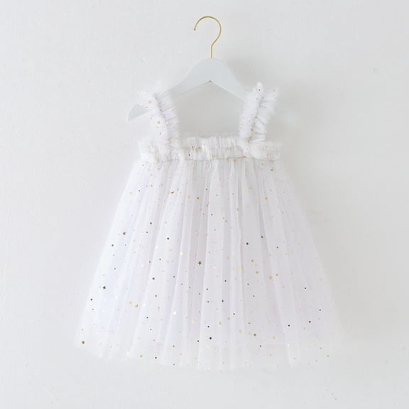 DAETIROS Kids Girls Baptism or Flower Girl Dress White Sparkle Tulle Party Dress for Kids, Soft Smocked Bodice with Ruffled Straps, Classic Elegant Style, 2T-8 Years,Size 7-8 T
