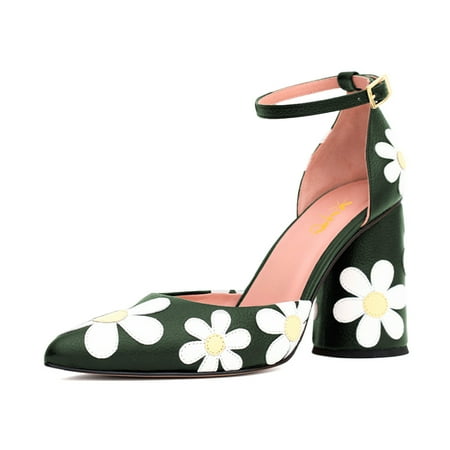 XYD Women D Orsay Flower Pumps Fashion Cylindrical Block High Heels Pointed Toe Ankle Strap Dress Prom Pumps Shoes Size 15 Green