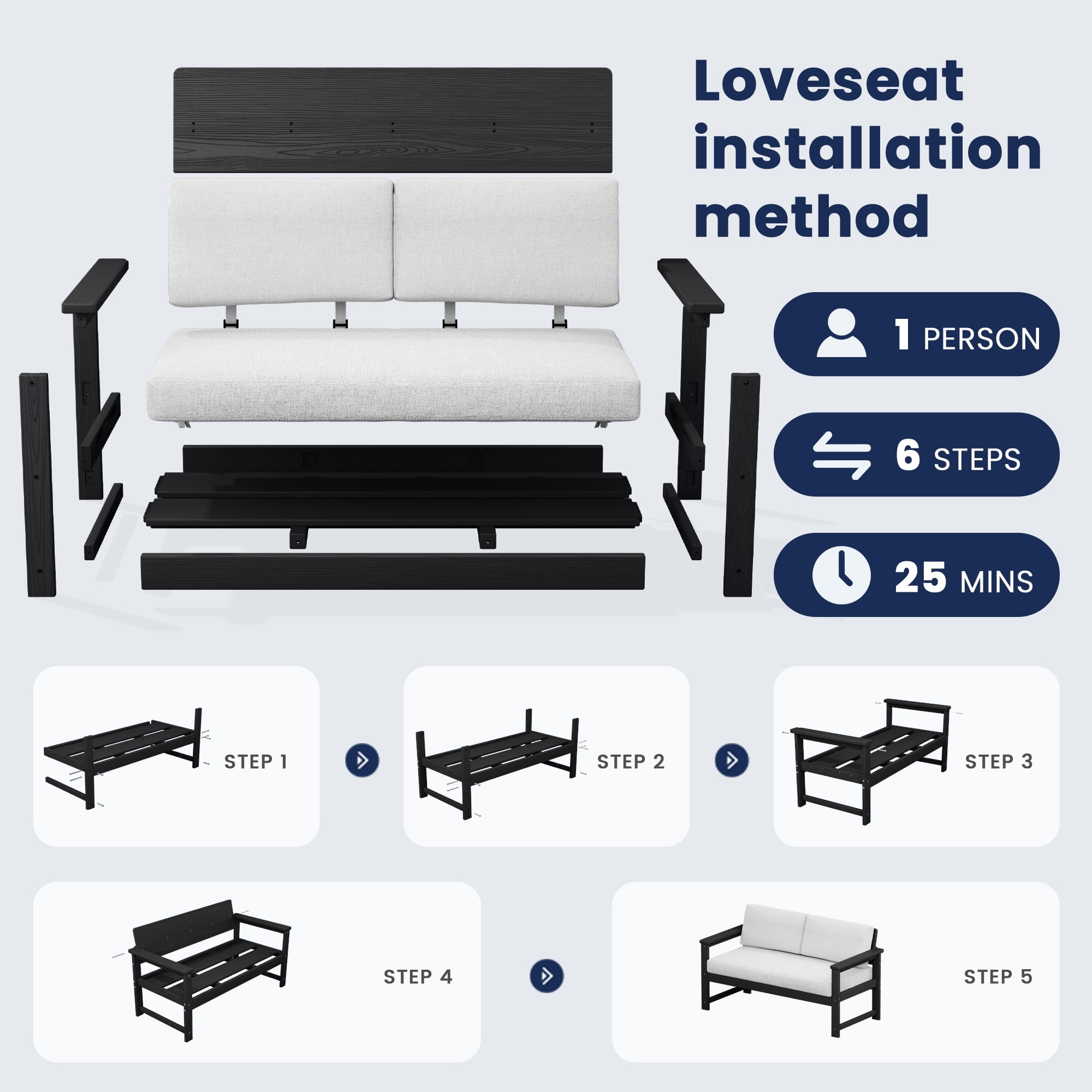 KINGYES 4 Pieces Outdoor Furniture Set, HDPE All Weather Use Conversation Couch Sets,2 Armchairs & 1 Loveseat & 1 Coffee Table for Patio Backyard, Black Frame with Khaki Cushions