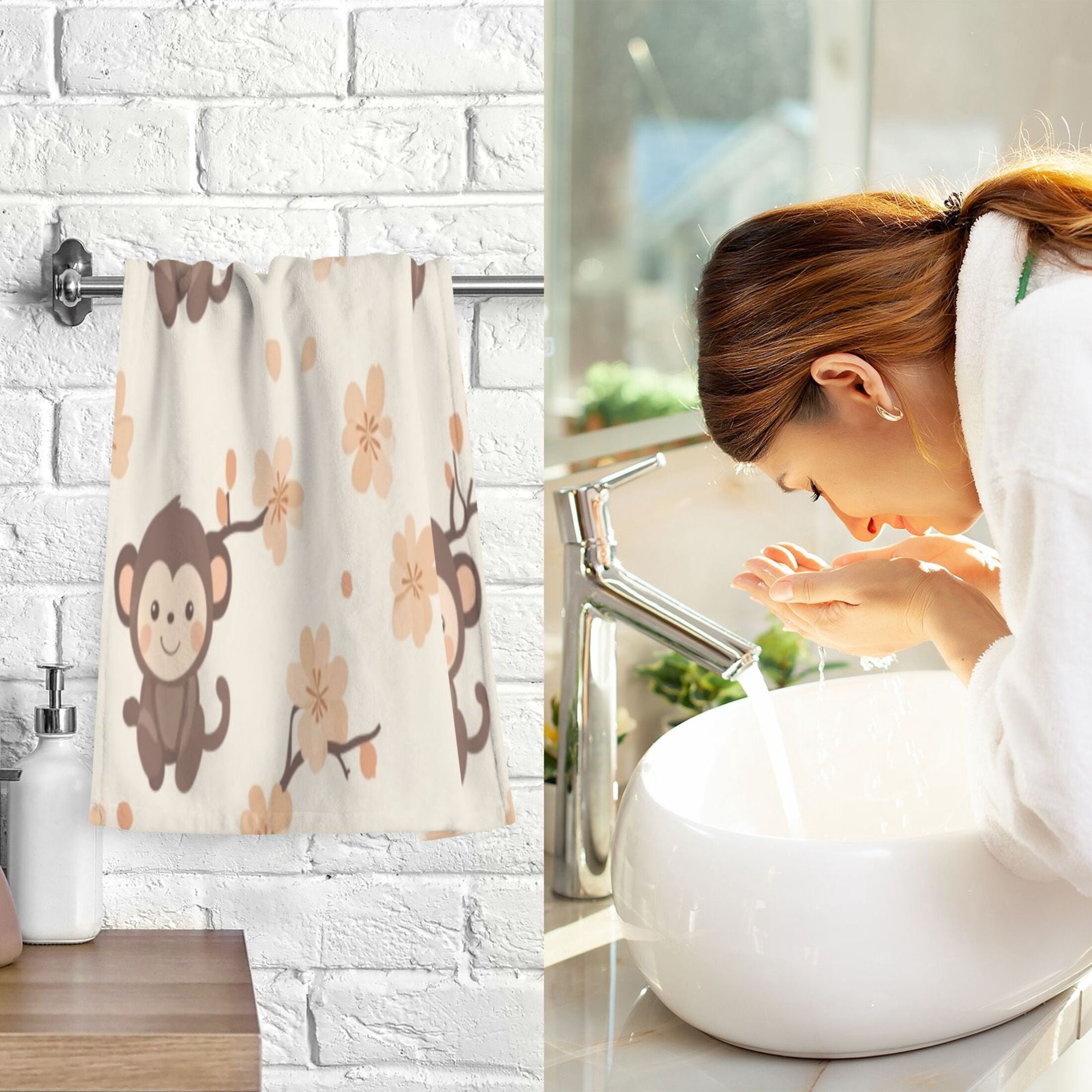 Cotton Towel Two-Piece 16x28 Inch One Sizex2 Face Towel Set Towel Set Cotton Hand Bath Towel Bathroom Beach Cute Little Brown Monkey