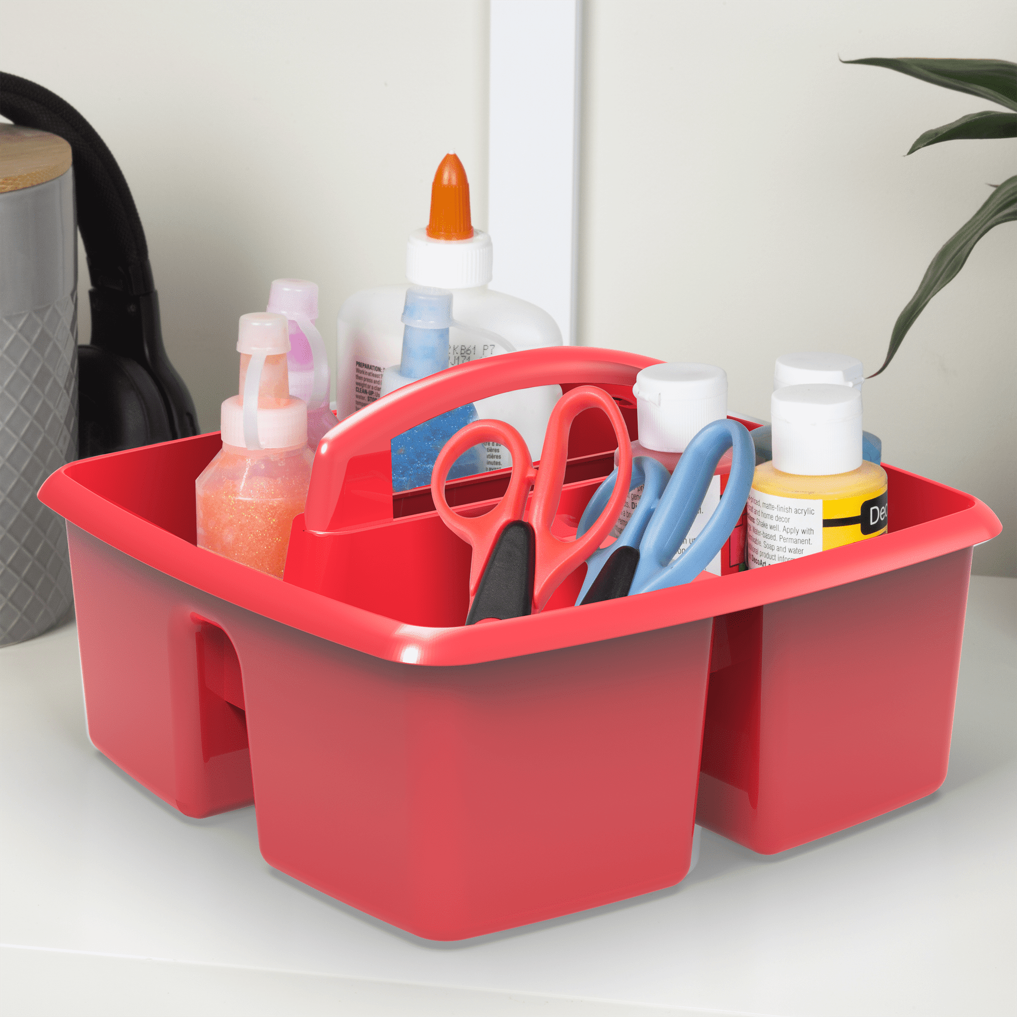 Storex Plastic Desktop Organizer Caddy with Handle, Craft and Hobby Storage Caddies, Red, 6-Pack