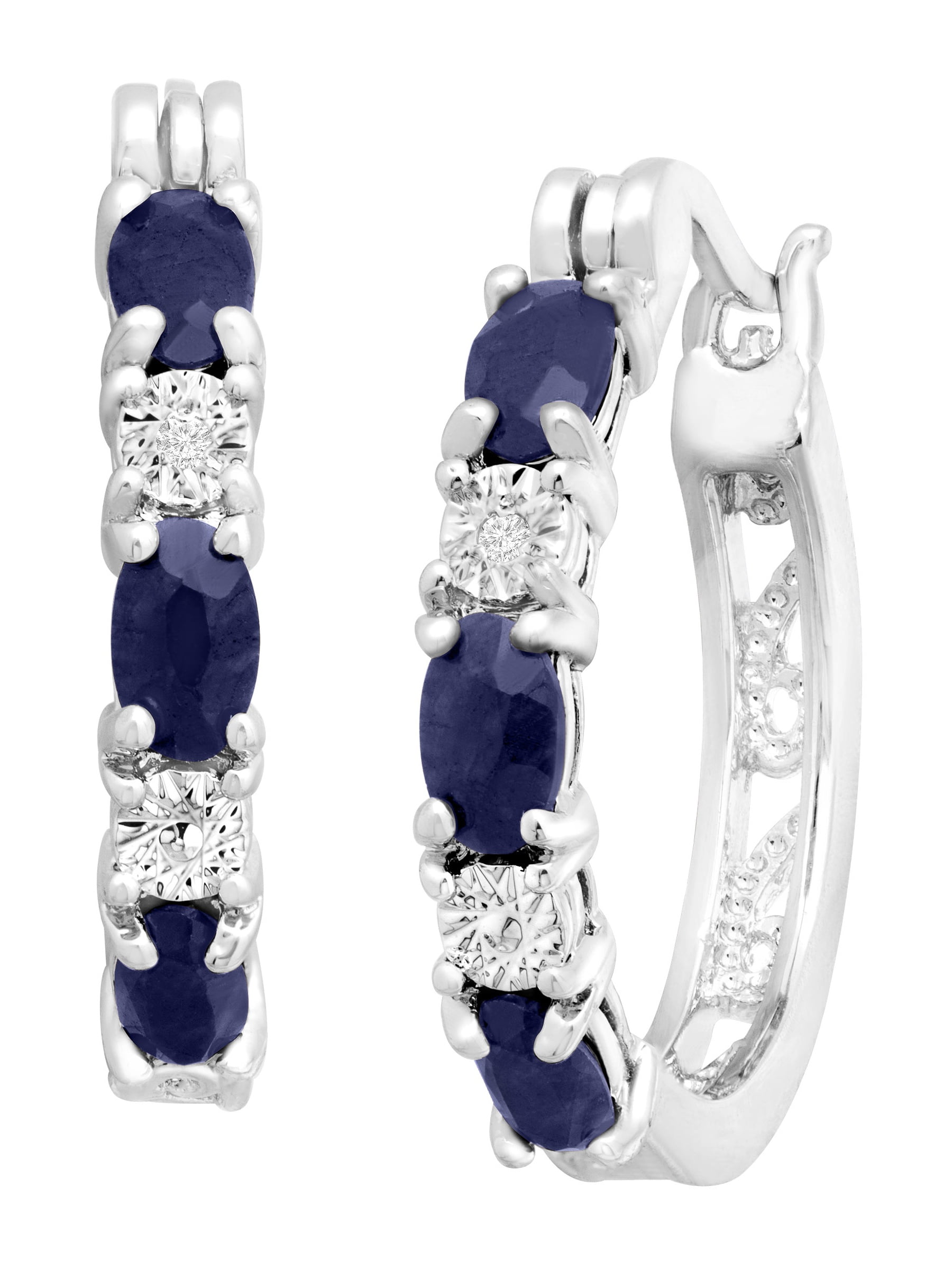 Finecraft - 2 1/10 ct Natural Sapphire Hoop Earrings with Diamond Accents in Platinum-Plated Brass