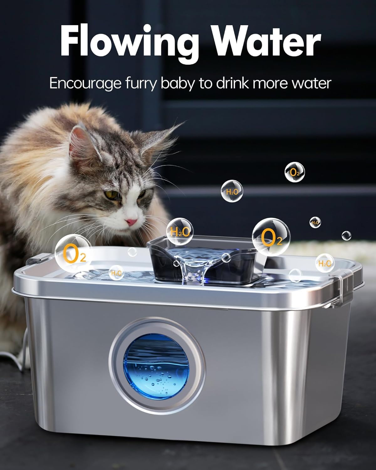 Dog Water Fountain 2 Gal, Stainless Steel Dog Water Fountain for Large Dogs Multi-Cats, Pet Water Fountain with Big Window, Super-Quiet Pump, Indoor Automatic Dog Water Bowl Dispenser Fountain