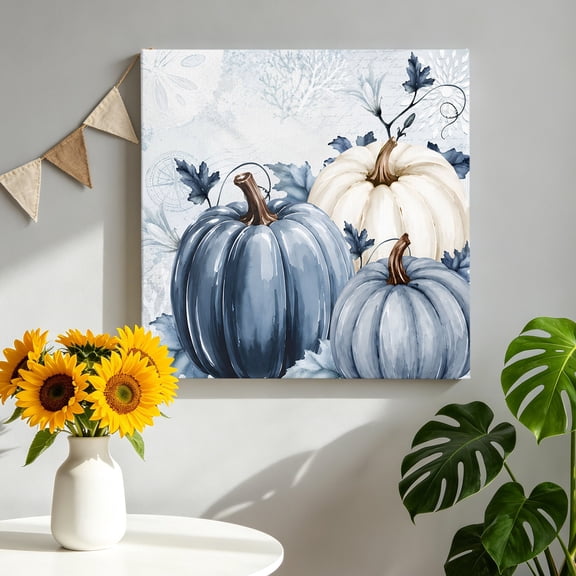 Thanksgiving Canvas Wall Art for Living Room, Fall Farm Harvest Blue White Pumpkin Flowers Poster Print Painting for Bedroom Office Home Decoration Wall Pictures Prepare To Hang 12"x12"