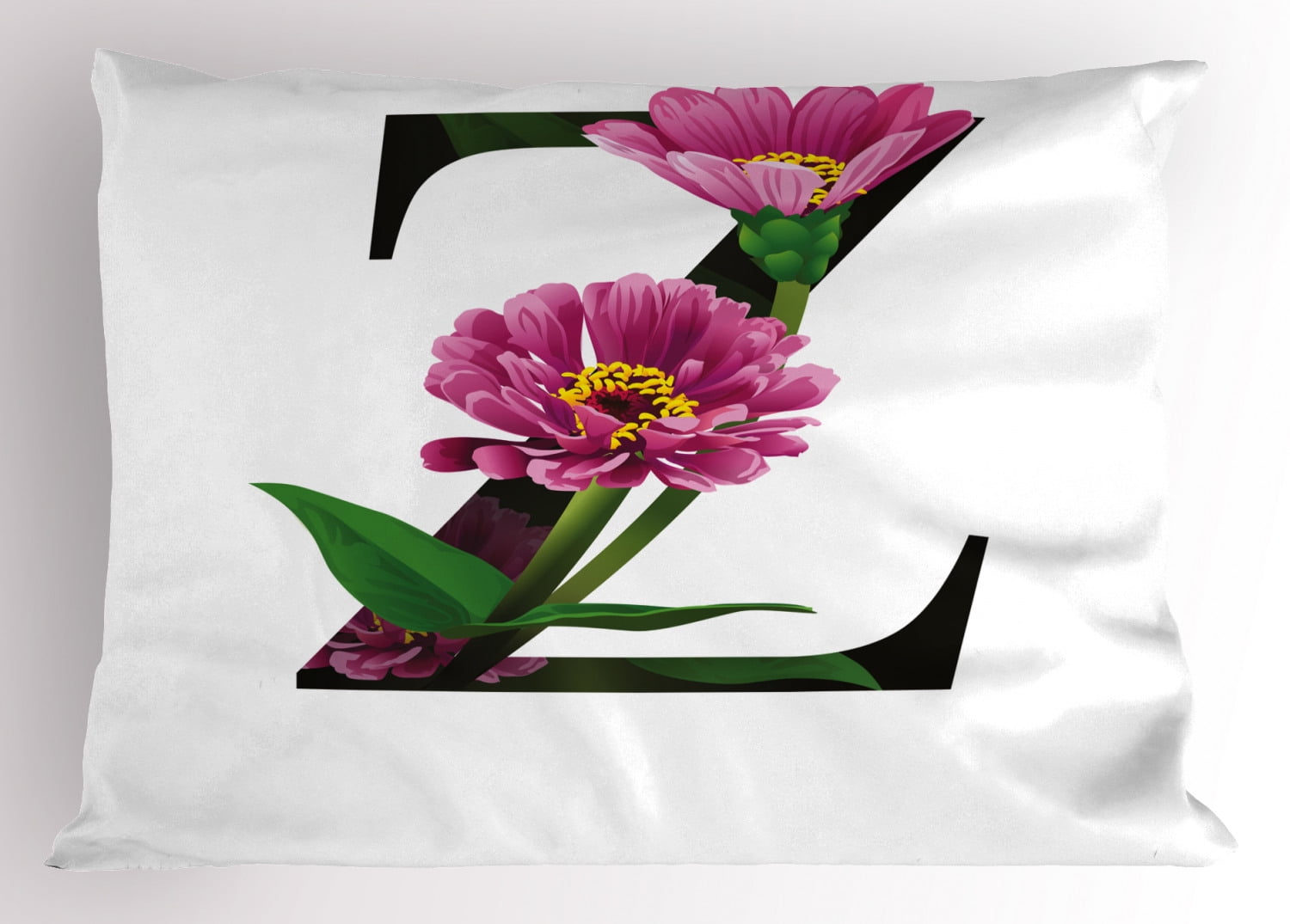 Letter Z Pillow Sham Purple Zinnia Petals Stems Leaves And Letter