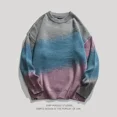 thumbnail image 3 of Suéteres de punto para hombre, ropa de calle japonesa, estilo Harajuku, cuello redondo, color degradado, cuello redondo, corte holgado, azul, AX, 3 of 5
