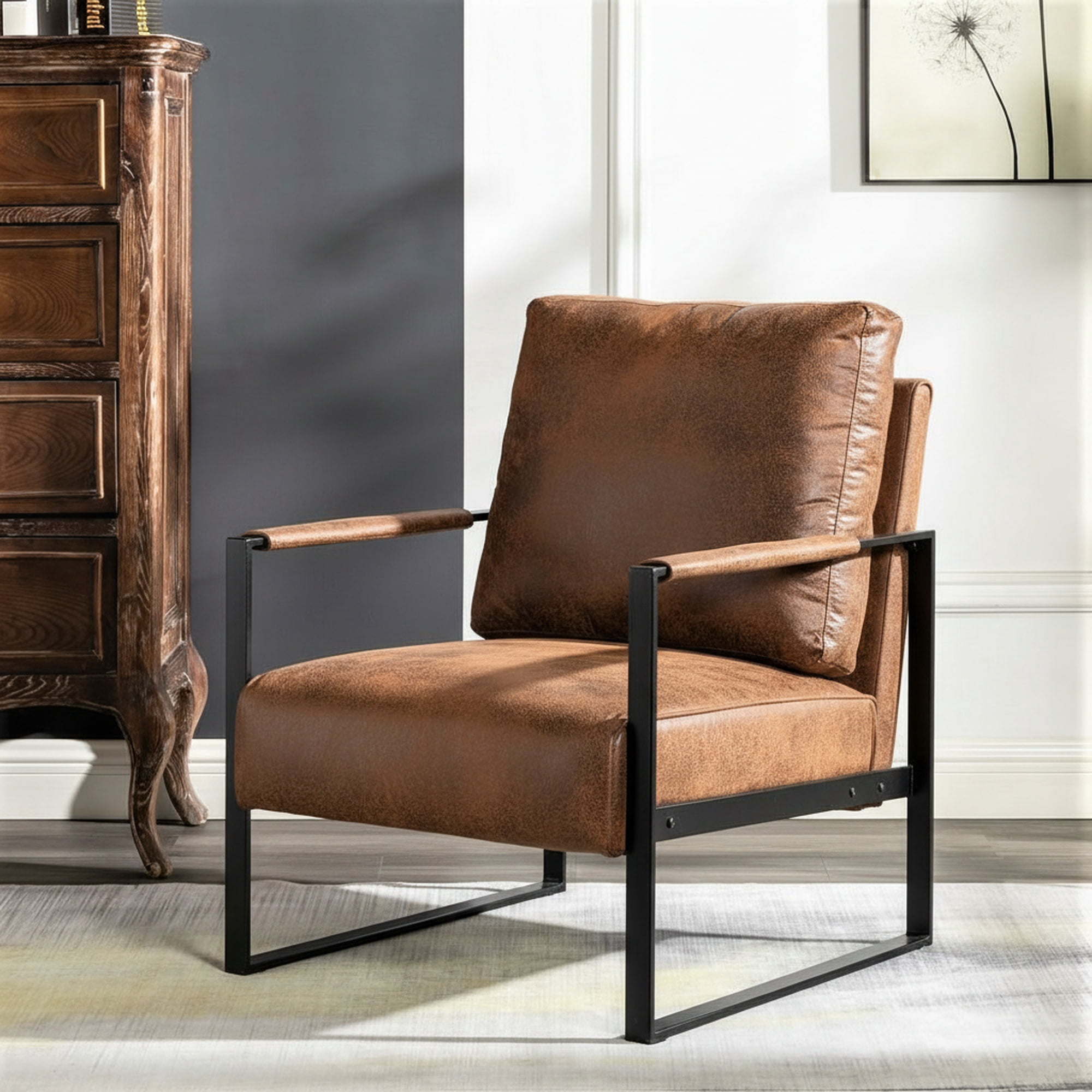 MOONMISS Mid-Century Modern Accent Chair,Black Square Metal Frame with Thick Cushion,Brown Yellow