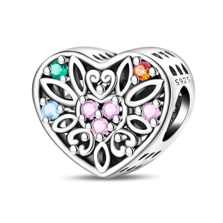 KUNSIR Flowerr Printed Heart Bead Charm 925 Sterling Silver for Bracelet Charms