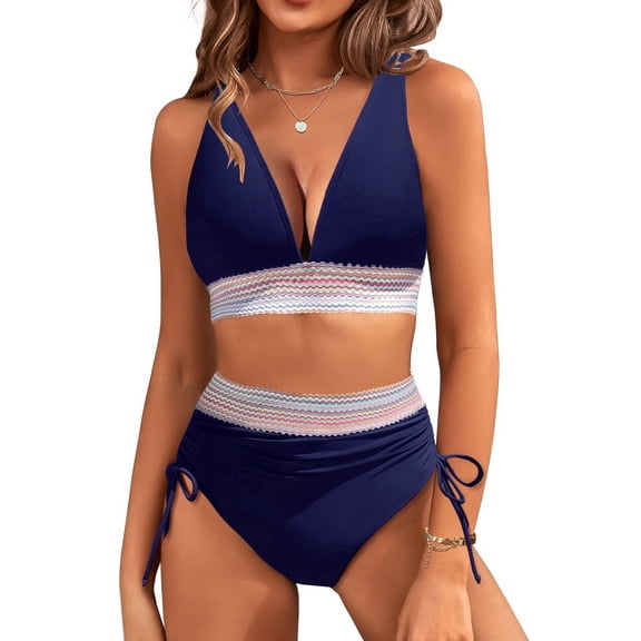LVWQ Women's High Waisted Bikini Set Two Piece Swimsuit Tummy Control Push Up Color Block Drawstring Bathing Suit